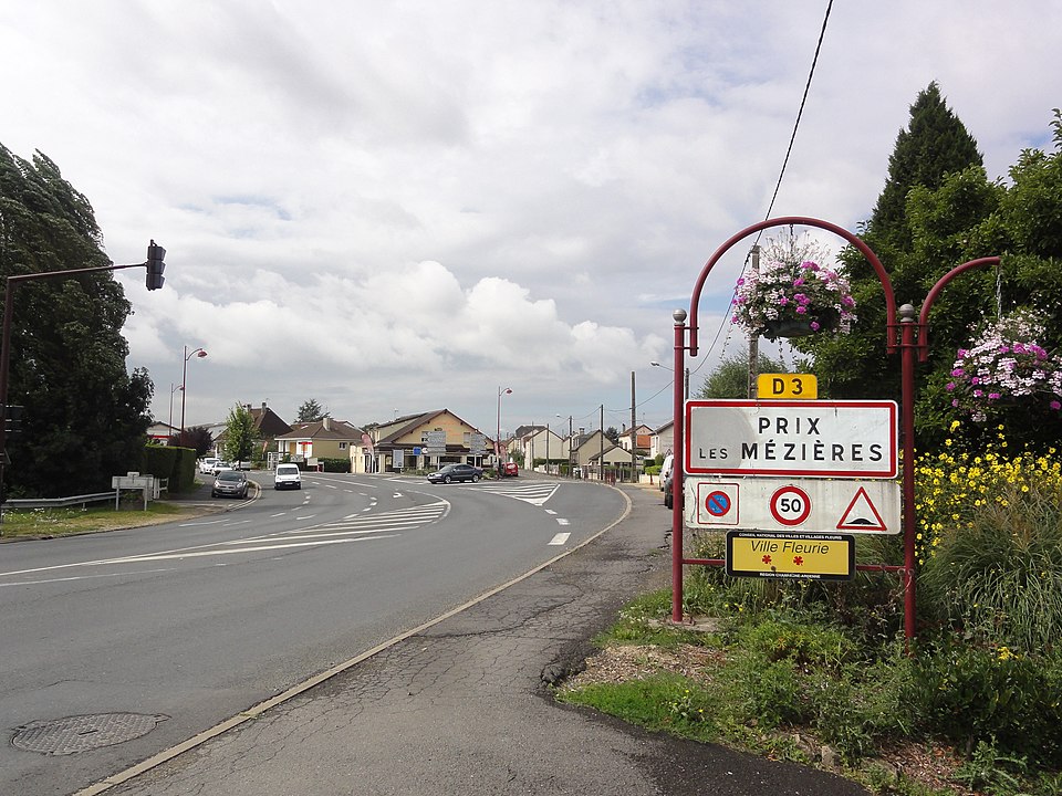 Prix — lès — Mézières (Ardennes) city limit sign