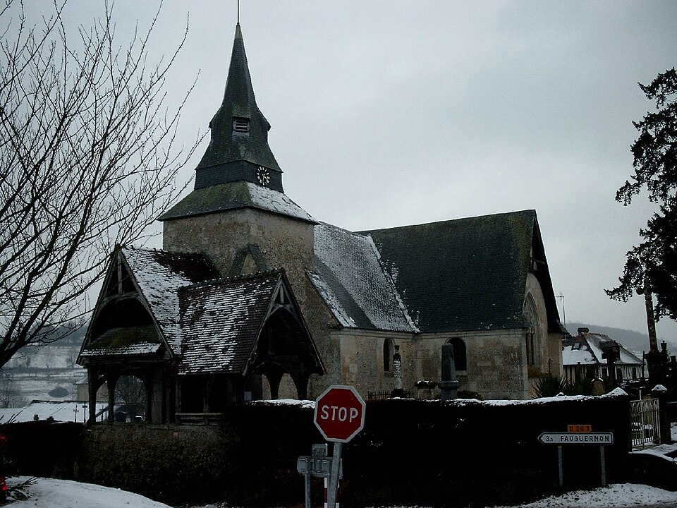 Église de Rocques sous la neige