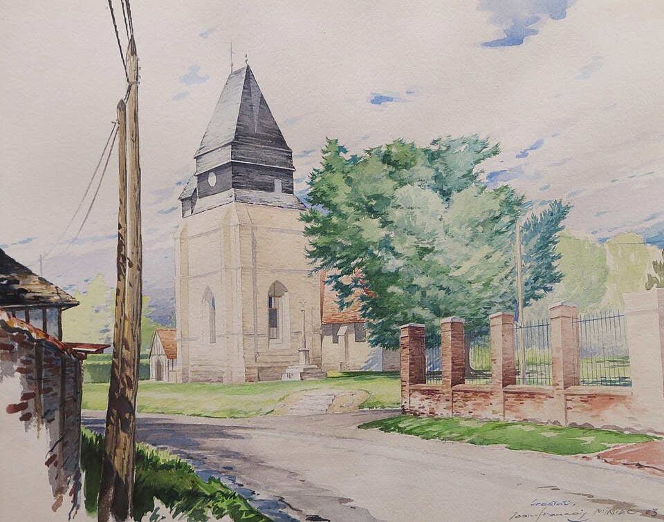 Vue aquarellée de Crestot, village de l'Eure, en 2003
