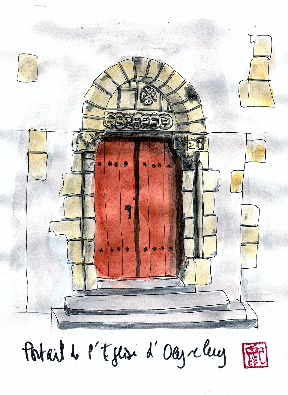 Aquarelle du portail de l'église d'Oeyreluy