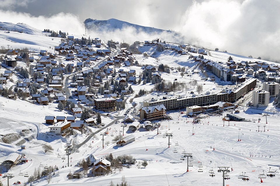 View of La Toussuire from below la Grande Verdette, zoomed, 2023